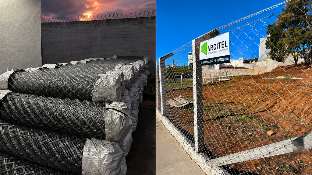 Rolos de tela de alambrado galvanizada e cercamento instalado com postes de concreto da Arcitel